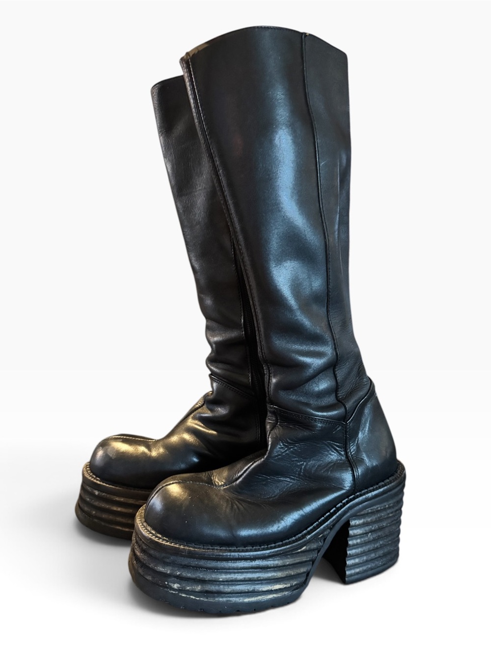 Vintage 90s Made in Spain Leather Wood Platform Knee High Boots EU 36/37